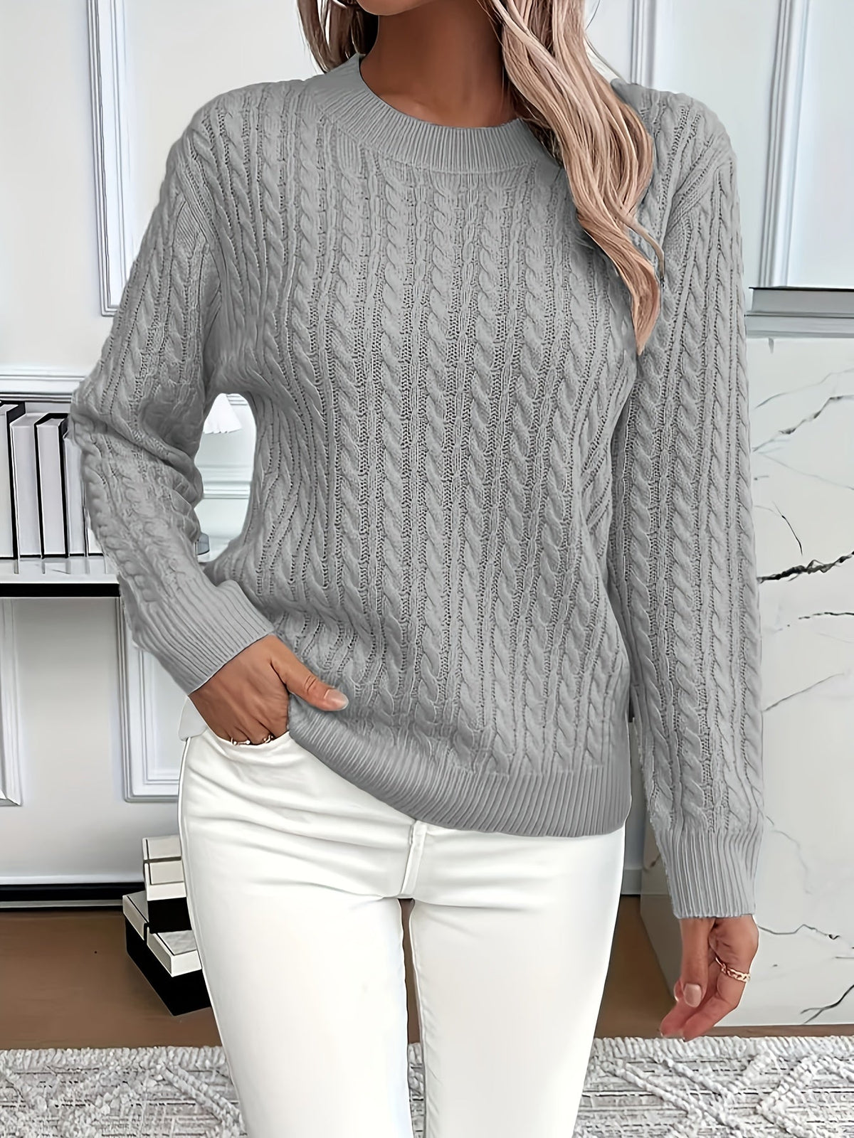 Chunky Cable Knit Sweater with Crew Neck and Ribbed Cuffs