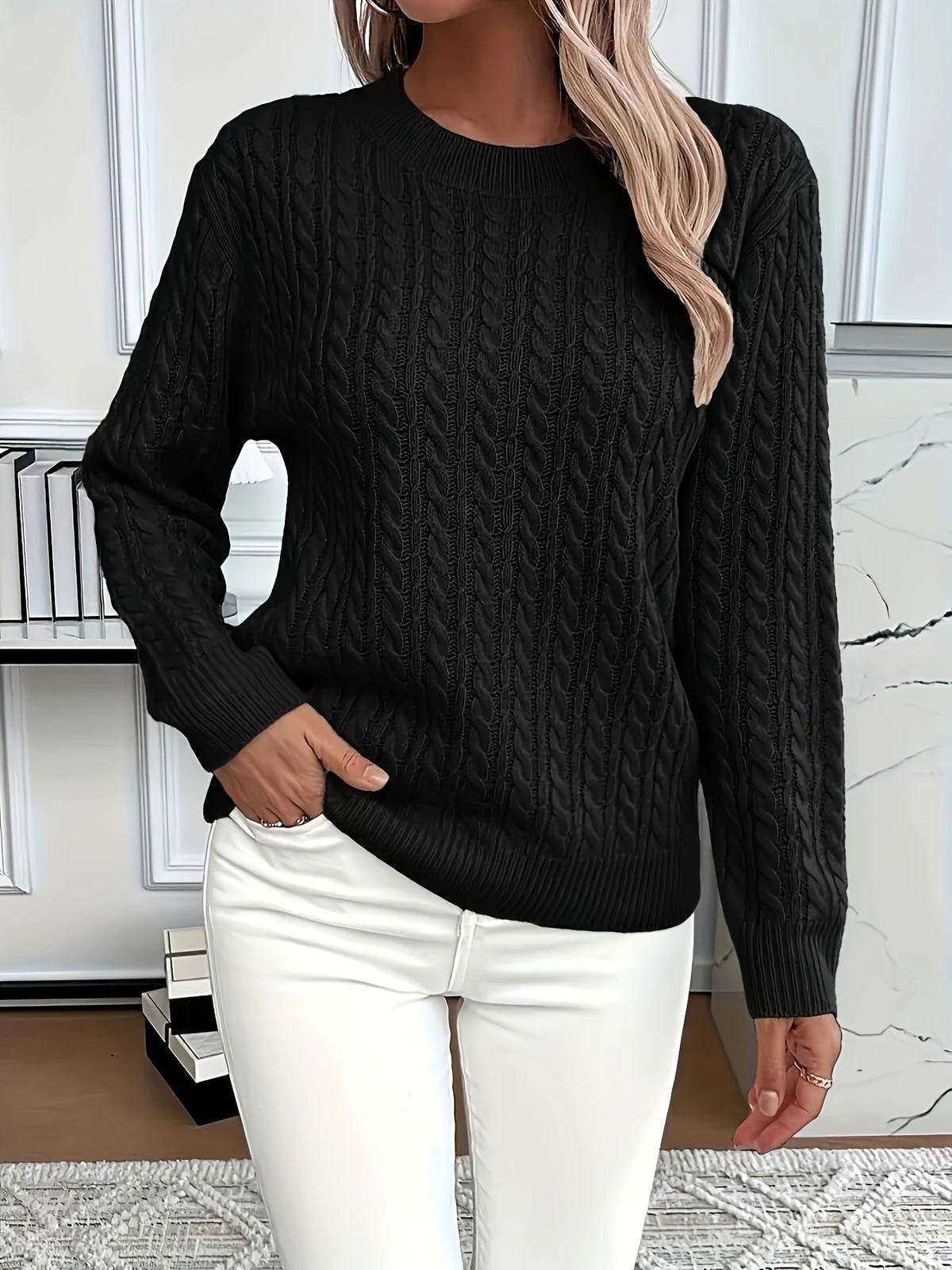 Chunky Cable Knit Sweater with Crew Neck and Ribbed Cuffs