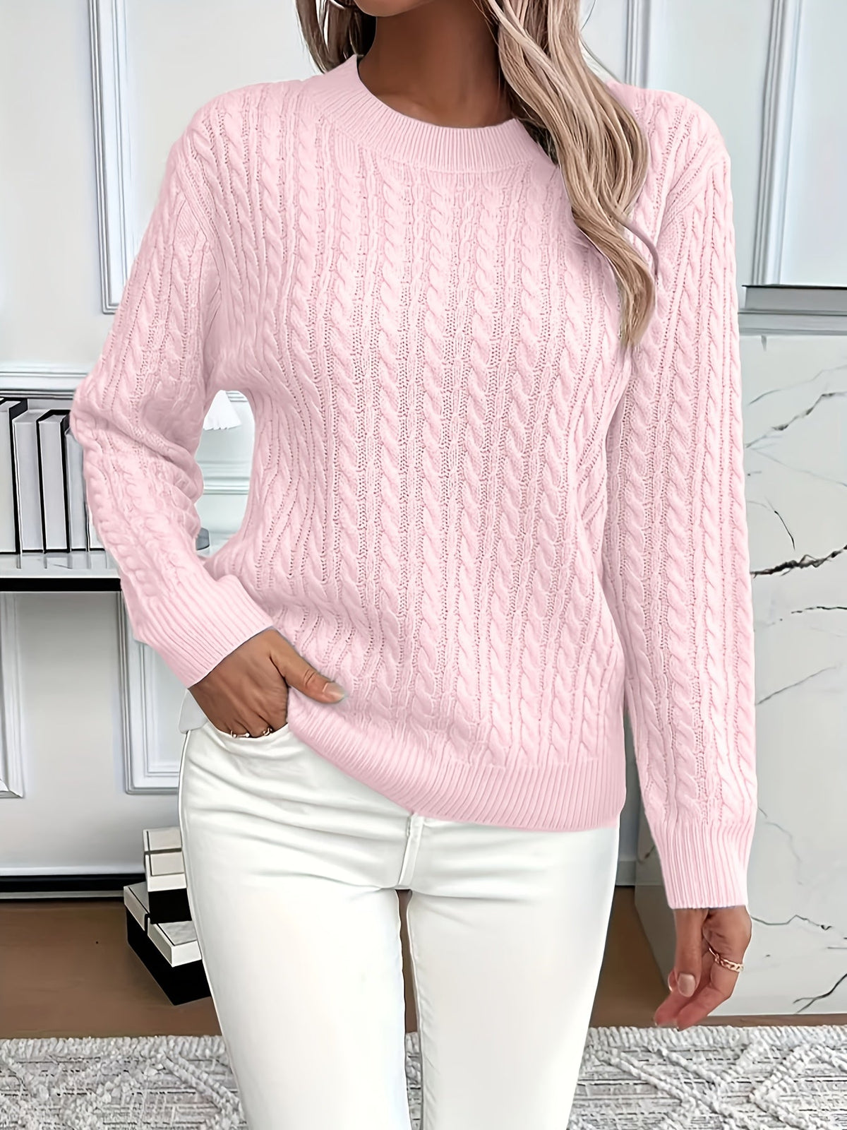 Chunky Cable Knit Sweater with Crew Neck and Ribbed Cuffs