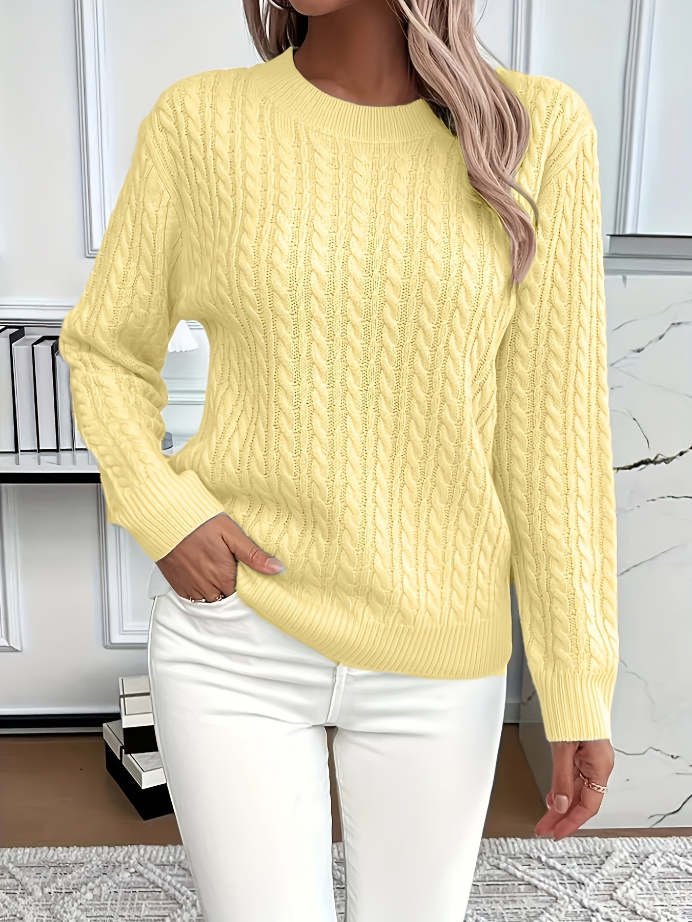 Chunky Cable Knit Sweater with Crew Neck and Ribbed Cuffs