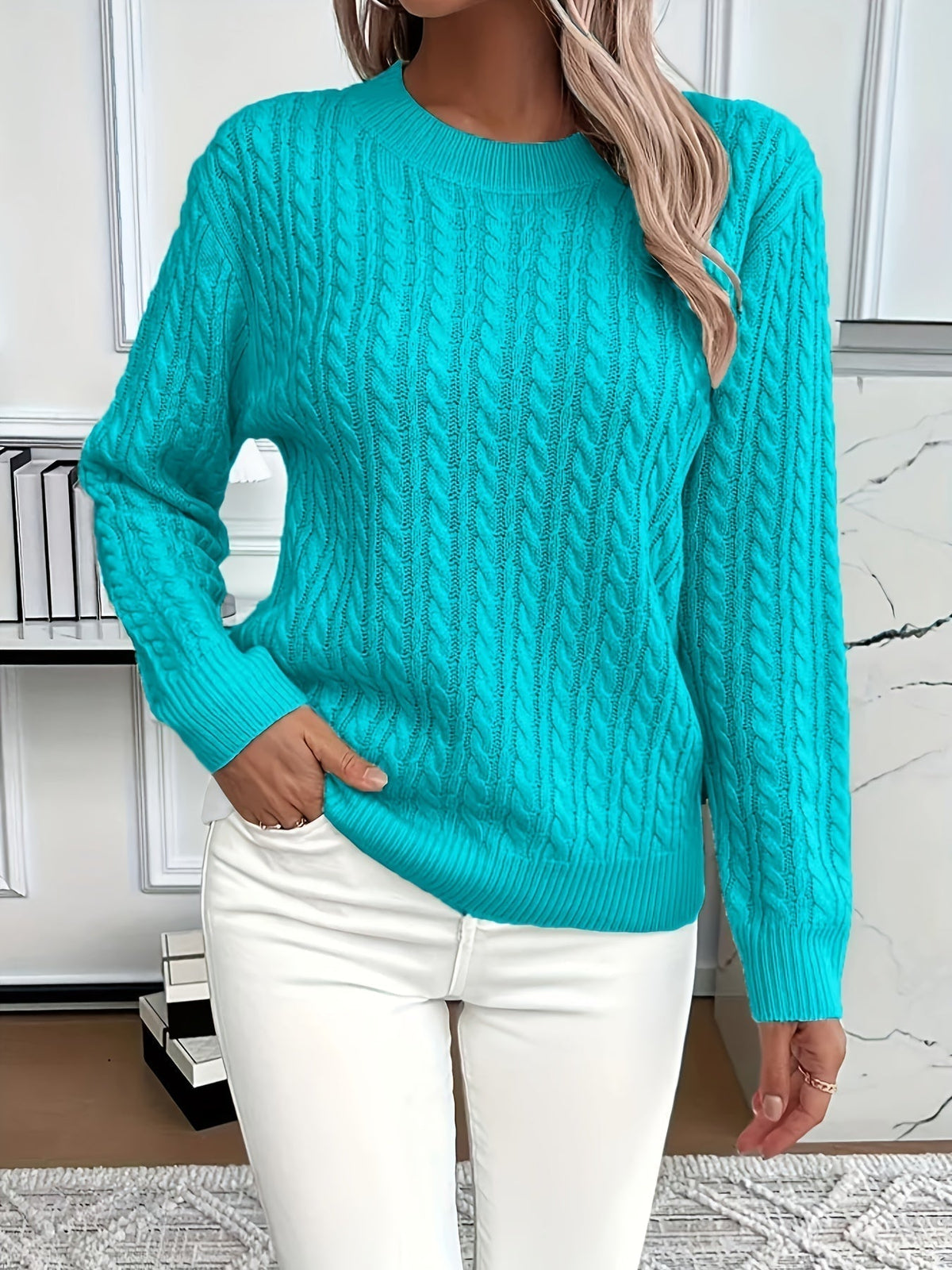 Chunky Cable Knit Sweater with Crew Neck and Ribbed Cuffs
