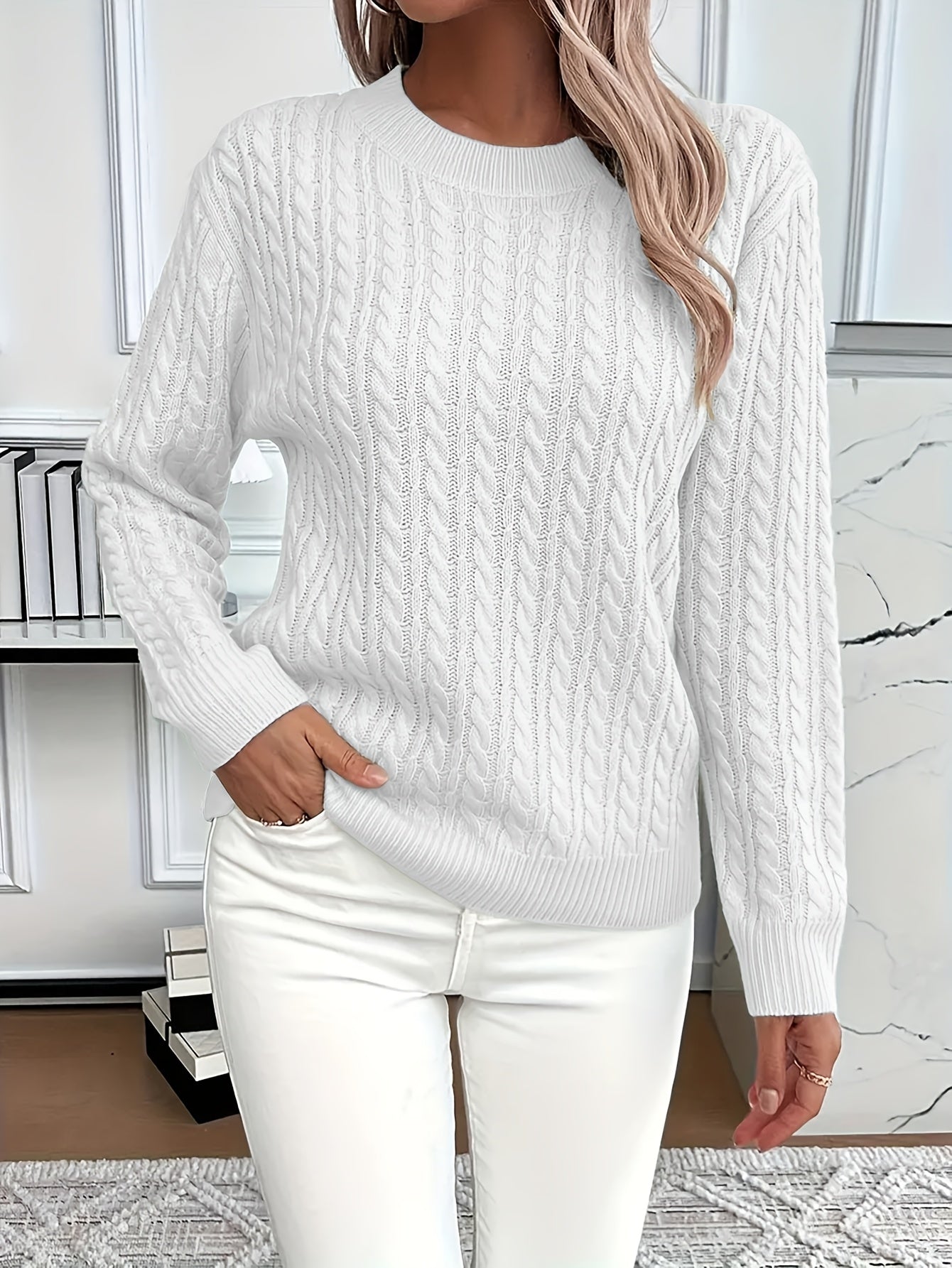Chunky Cable Knit Sweater with Crew Neck and Ribbed Cuffs