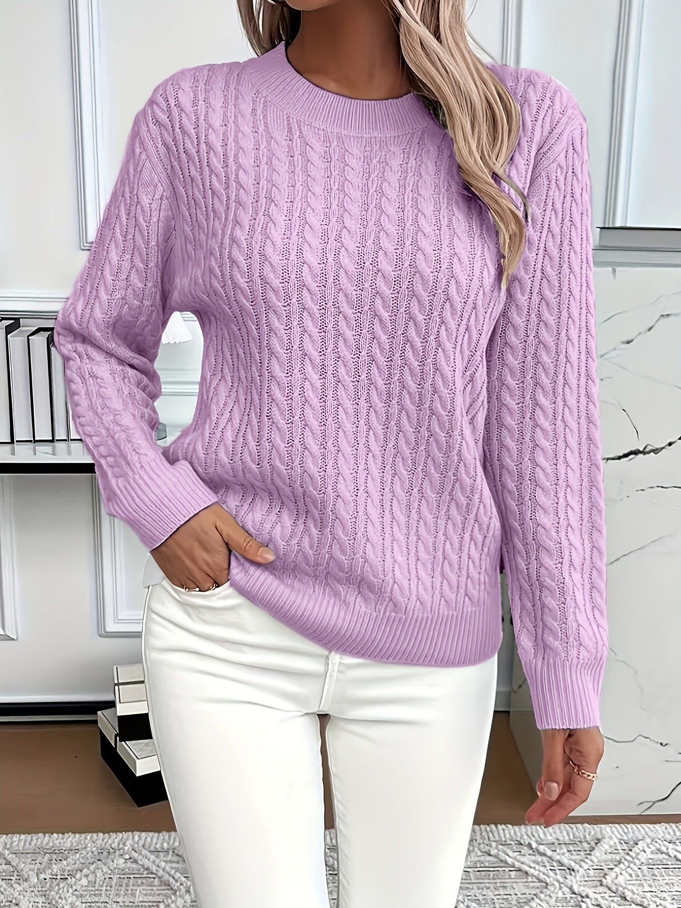 Chunky Cable Knit Sweater with Crew Neck and Ribbed Cuffs