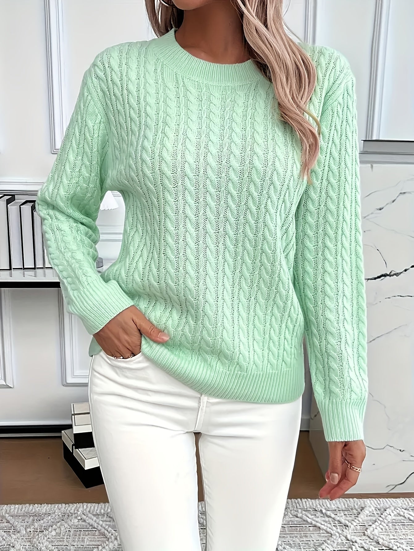 Chunky Cable Knit Sweater with Crew Neck and Ribbed Cuffs