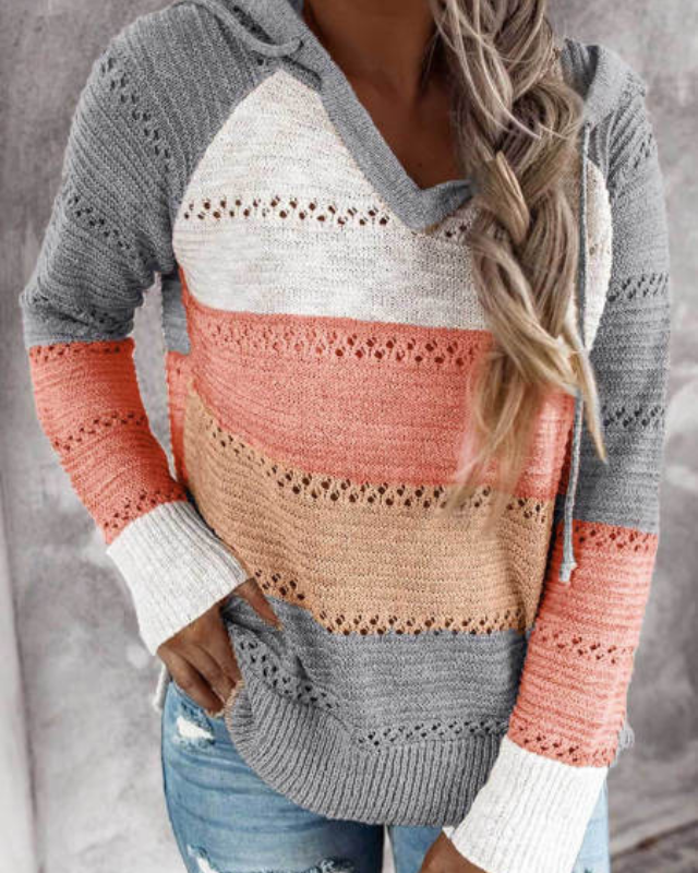 Colour Block Hooded Knit Sweater with Stripe Detail