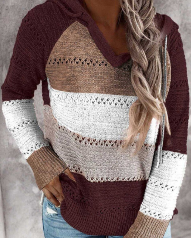 Colour Block Hooded Knit Sweater with Stripe Detail