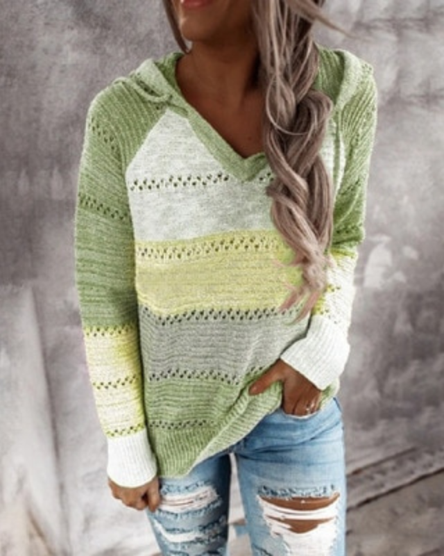 Colour Block Hooded Knit Sweater with Stripe Detail