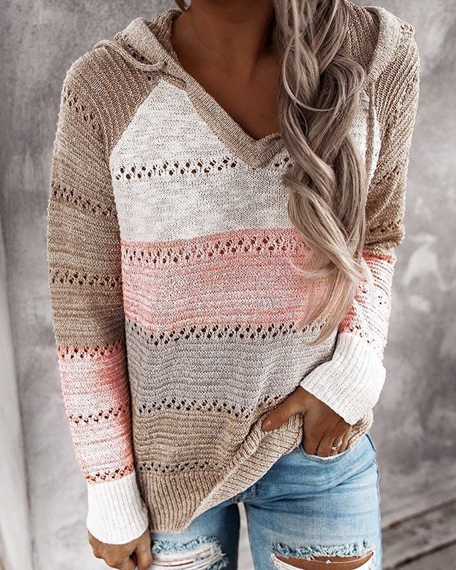 Colour Block Hooded Knit Sweater with Stripe Detail