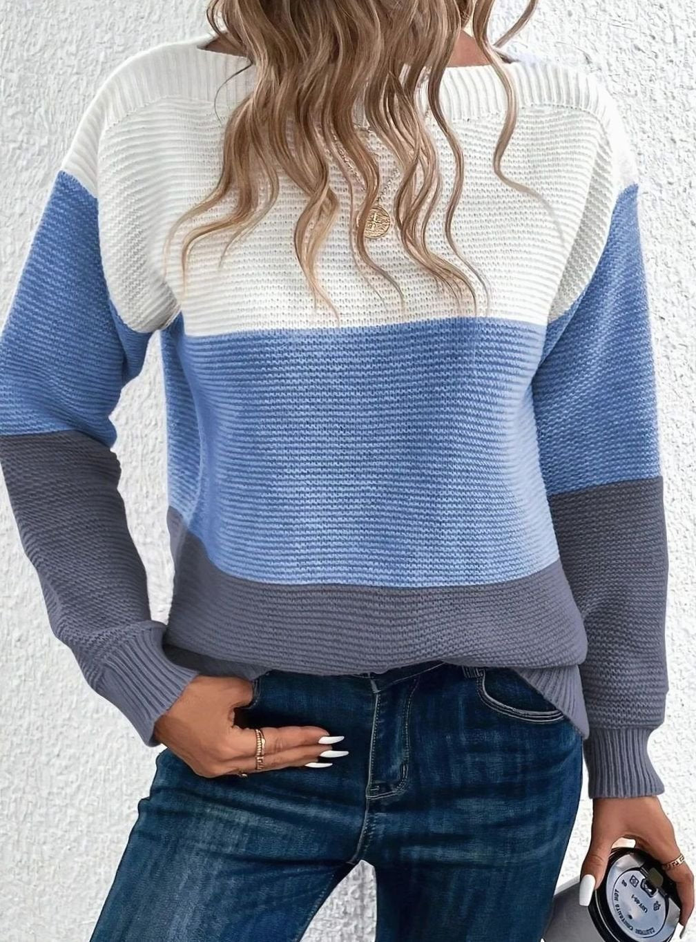 Colour Block Knit Sweater with Boat Neckline