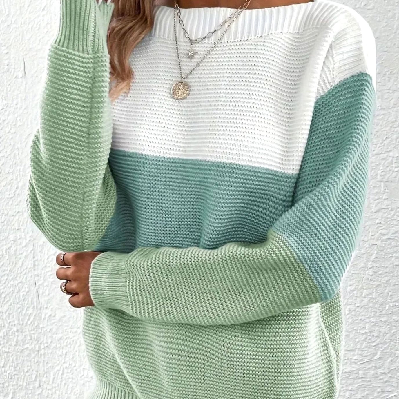 Colour Block Knit Sweater with Boat Neckline