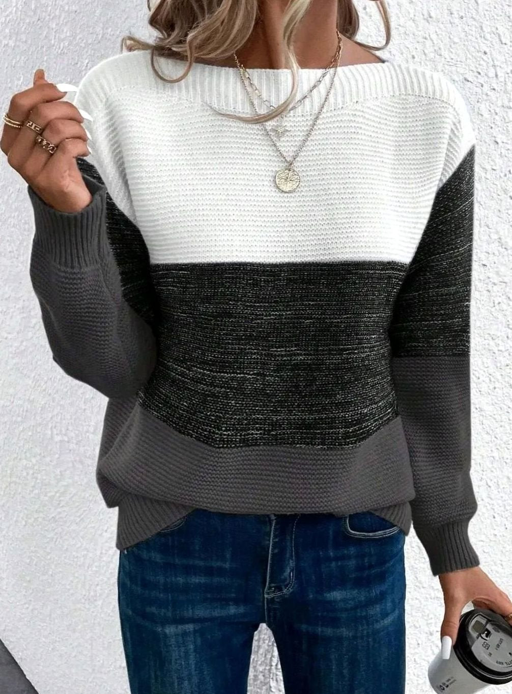 Colour Block Knit Sweater with Boat Neckline