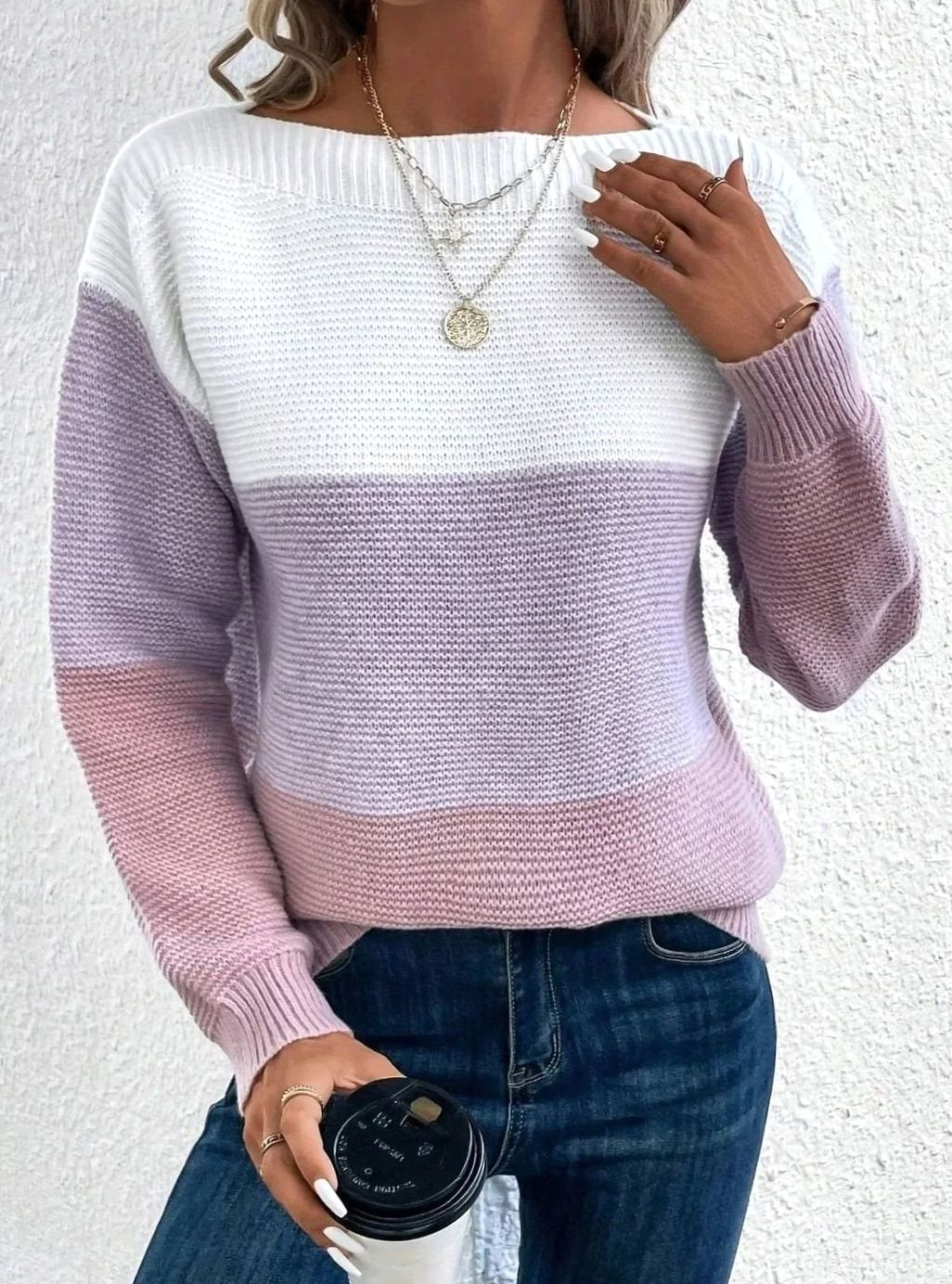 Colour Block Knit Sweater with Boat Neckline