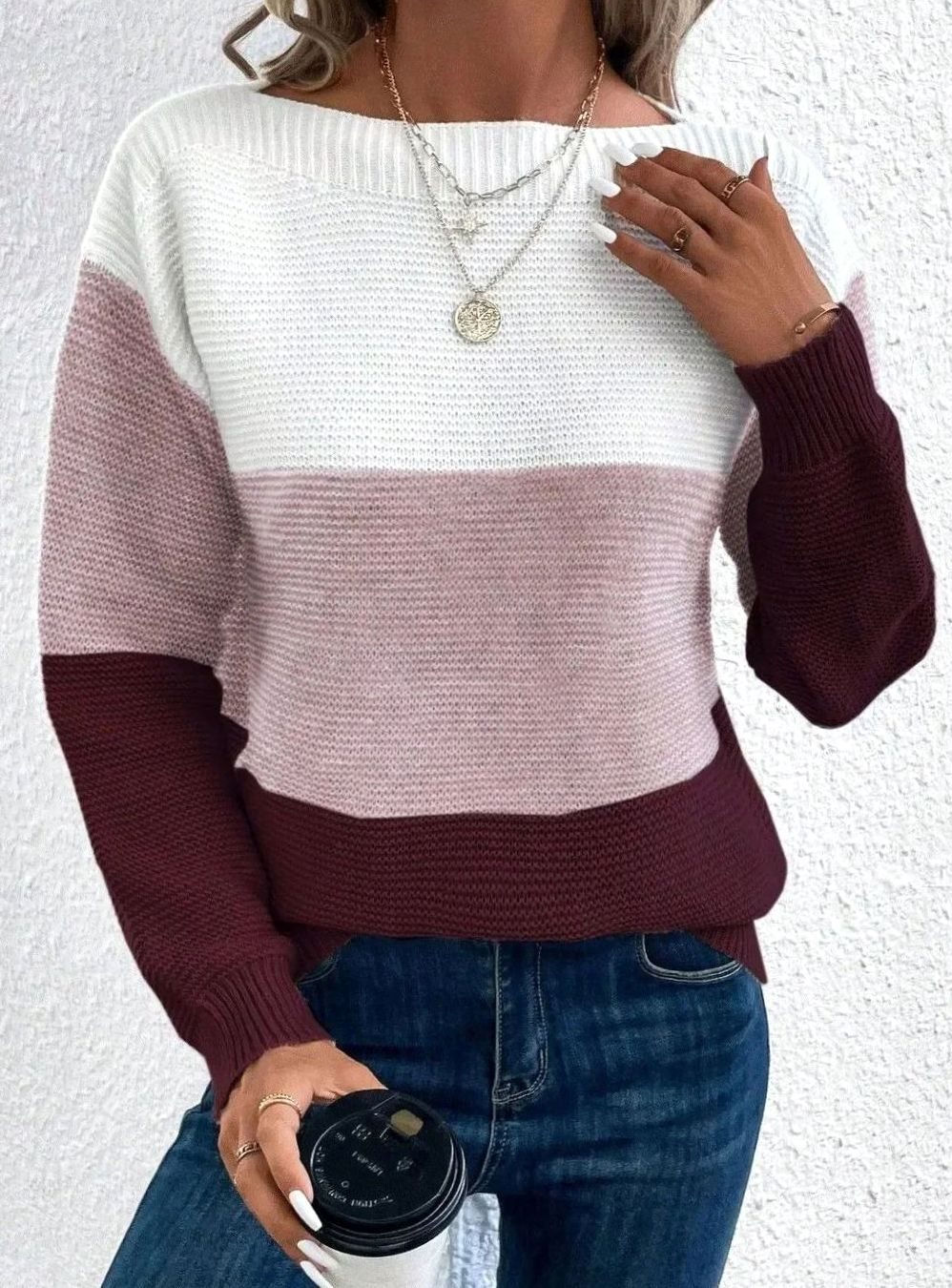Colour Block Knit Sweater with Boat Neckline