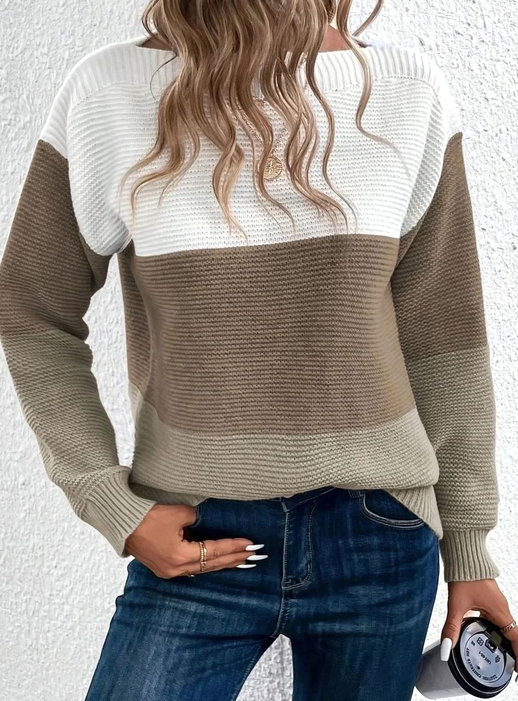 Colour Block Knit Sweater with Boat Neckline