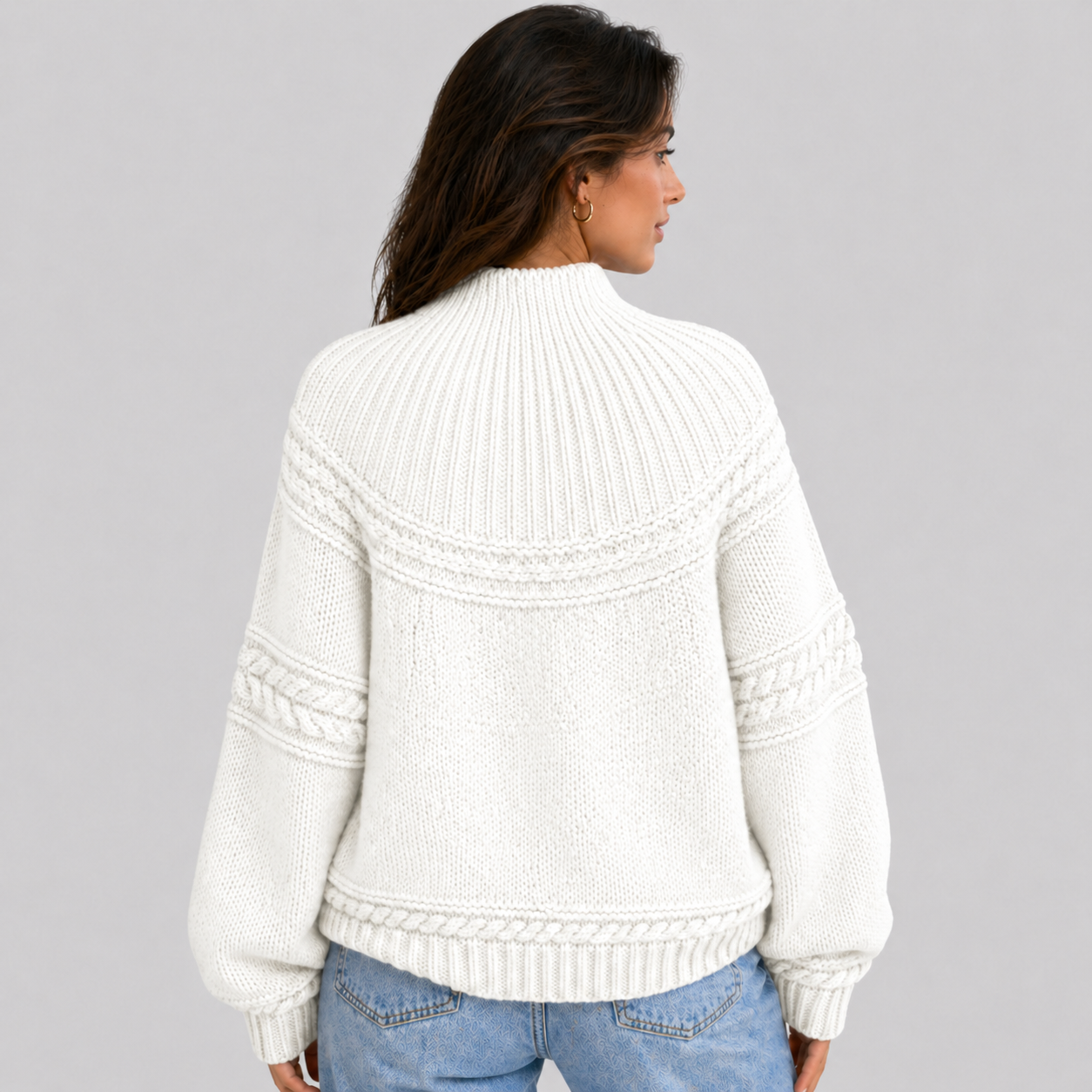 Cosy Cable Knit Sweater with Mock Neck and Mixed Texture Panel