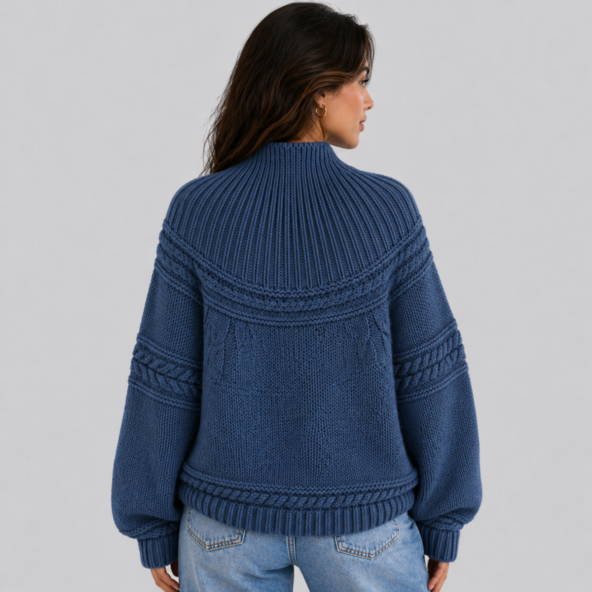 Cosy Cable Knit Sweater with Mock Neck and Mixed Texture Panel