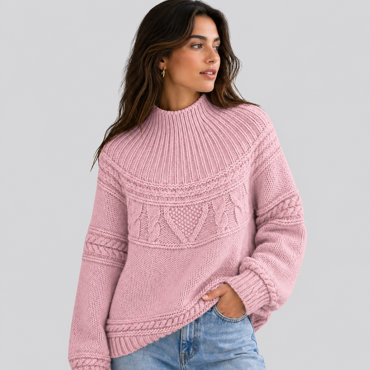 Cosy Cable Knit Sweater with Mock Neck and Mixed Texture Panel