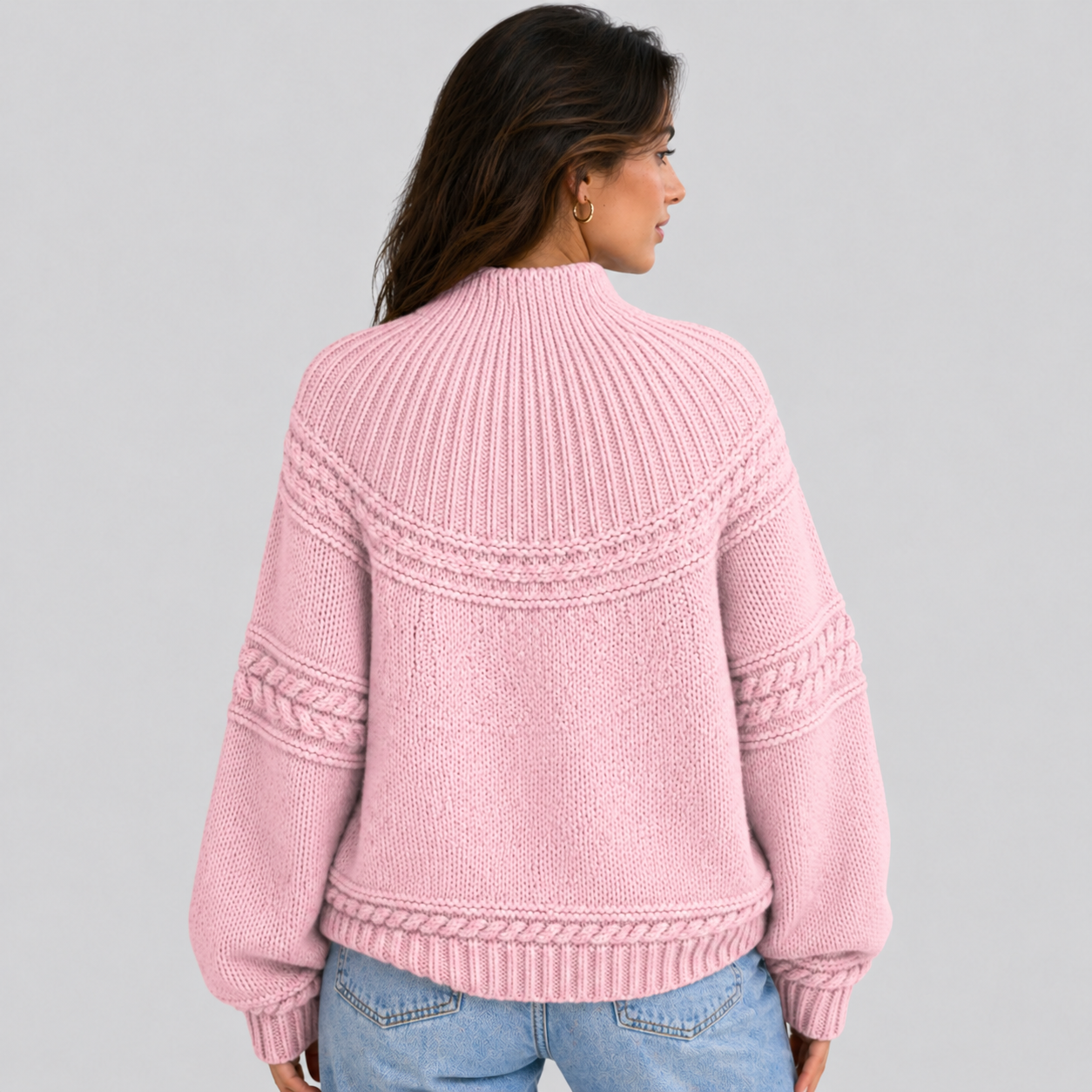 Cosy Cable Knit Sweater with Mock Neck and Mixed Texture Panel