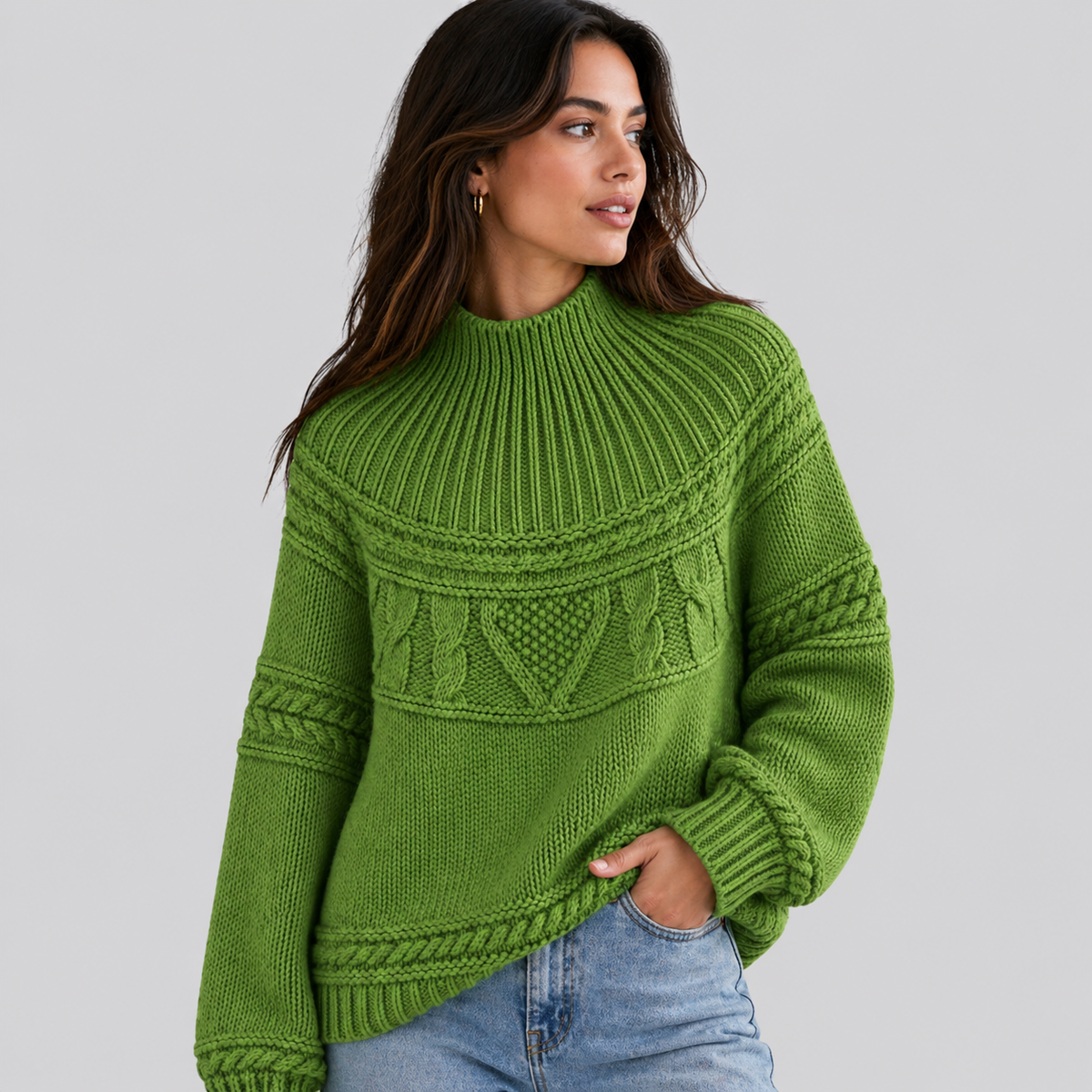 Cosy Cable Knit Sweater with Mock Neck and Mixed Texture Panel