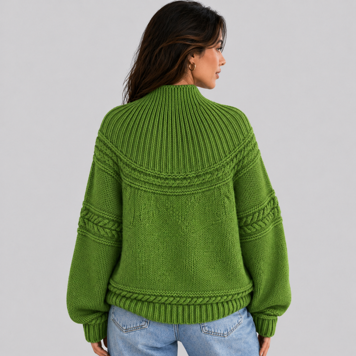 Cosy Cable Knit Sweater with Mock Neck and Mixed Texture Panel