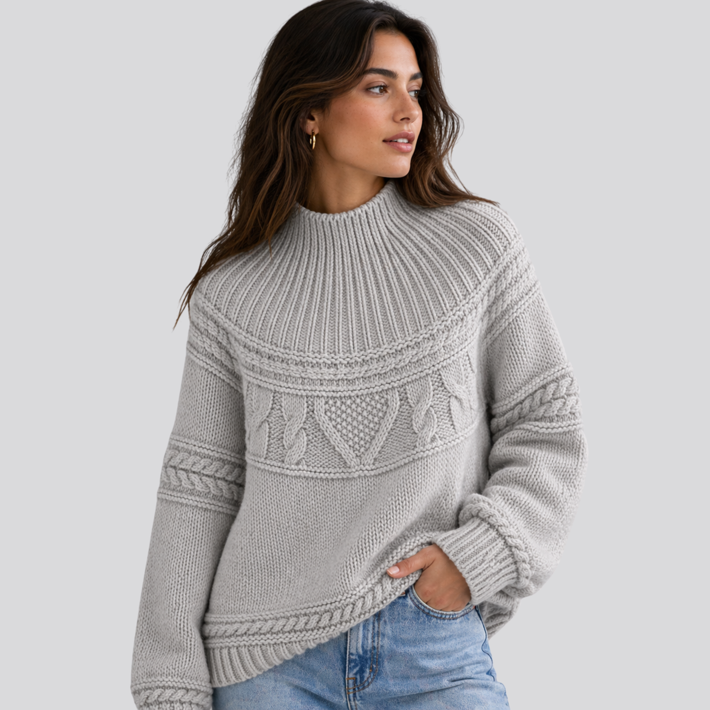 Cosy Cable Knit Sweater with Mock Neck and Mixed Texture Panel