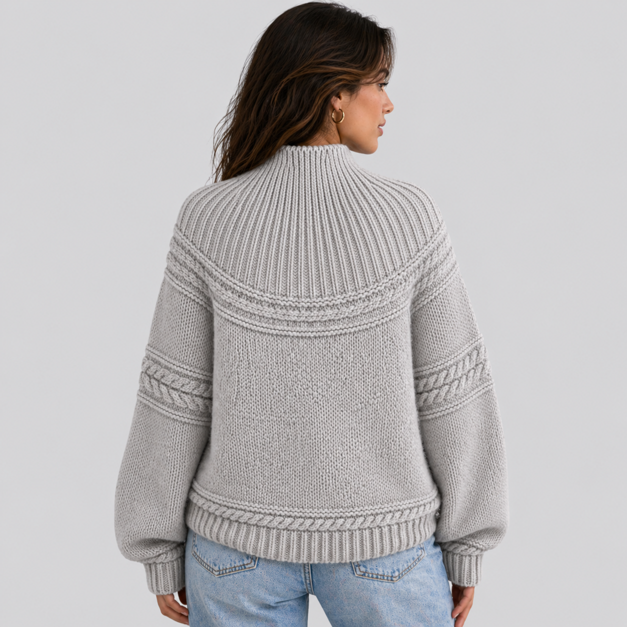 Cosy Cable Knit Sweater with Mock Neck and Mixed Texture Panel