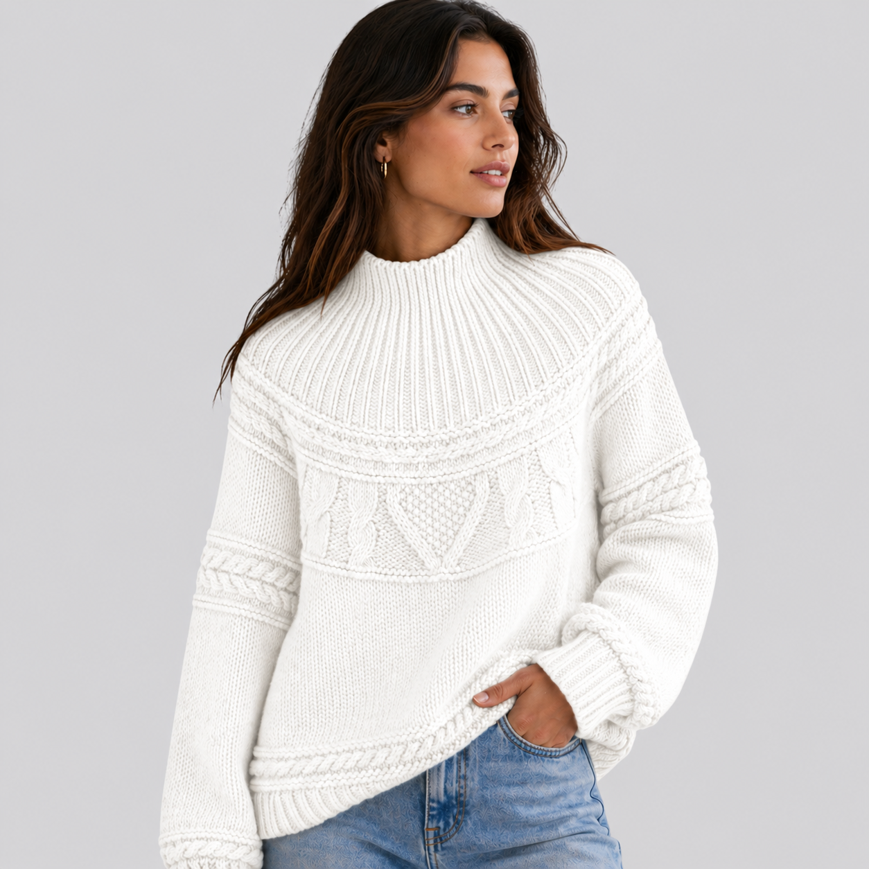 Cosy Cable Knit Sweater with Mock Neck and Mixed Texture Panel