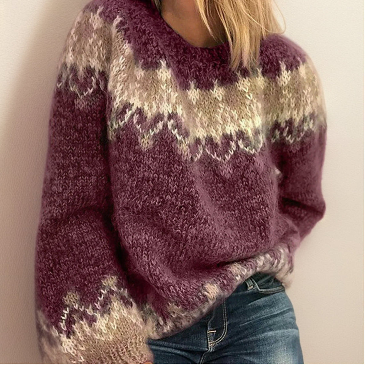 Cosy Fair Isle Knit Sweater with Patterned Yoke