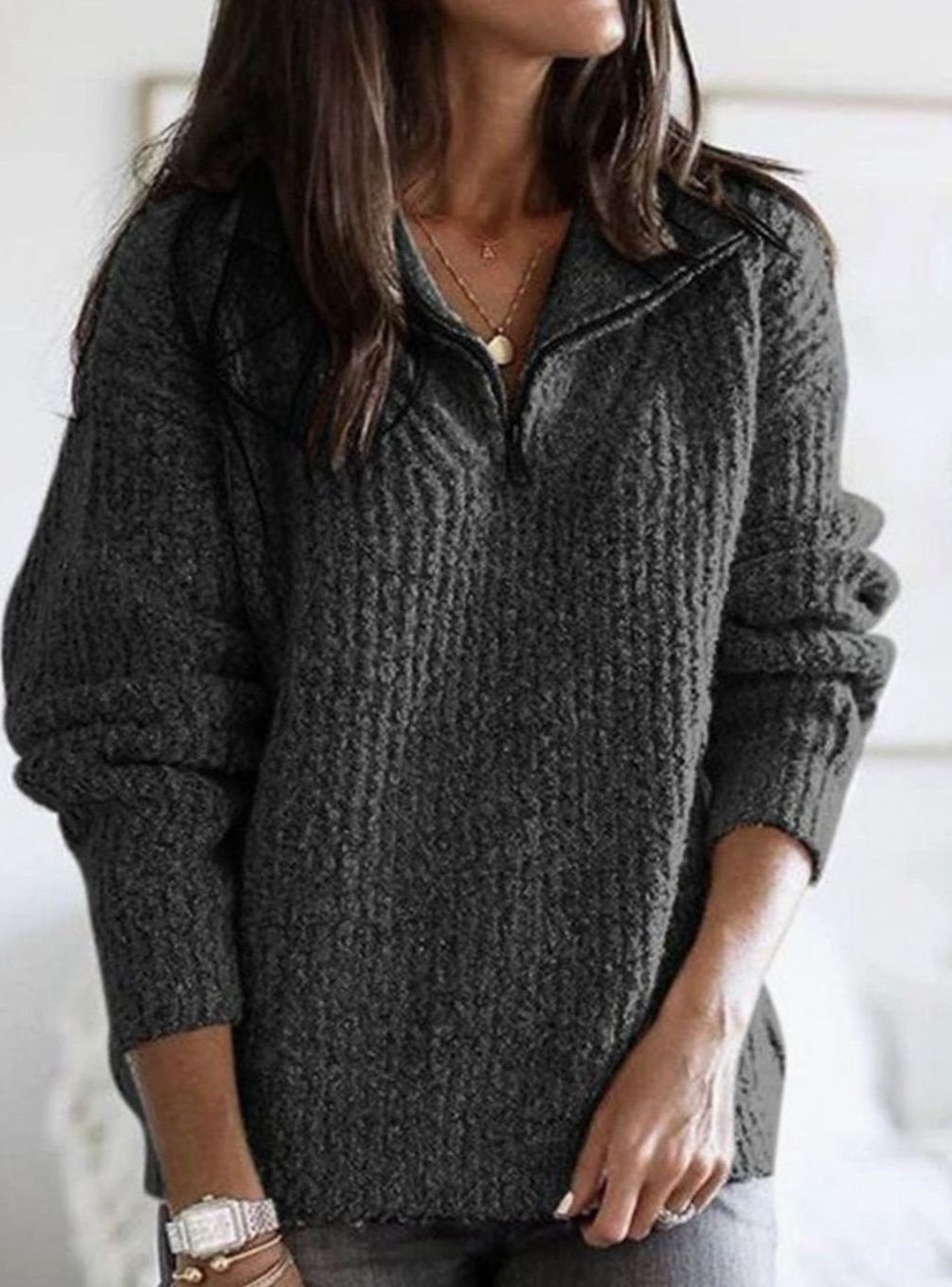 Cosy Half Zip Knit Sweater with Collar and Cable Texture