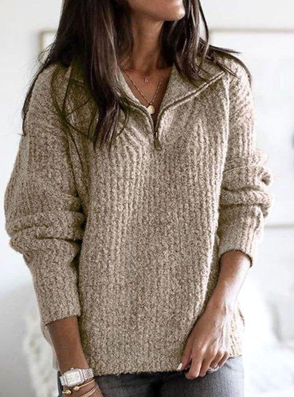 Cosy Half Zip Knit Sweater with Collar and Cable Texture