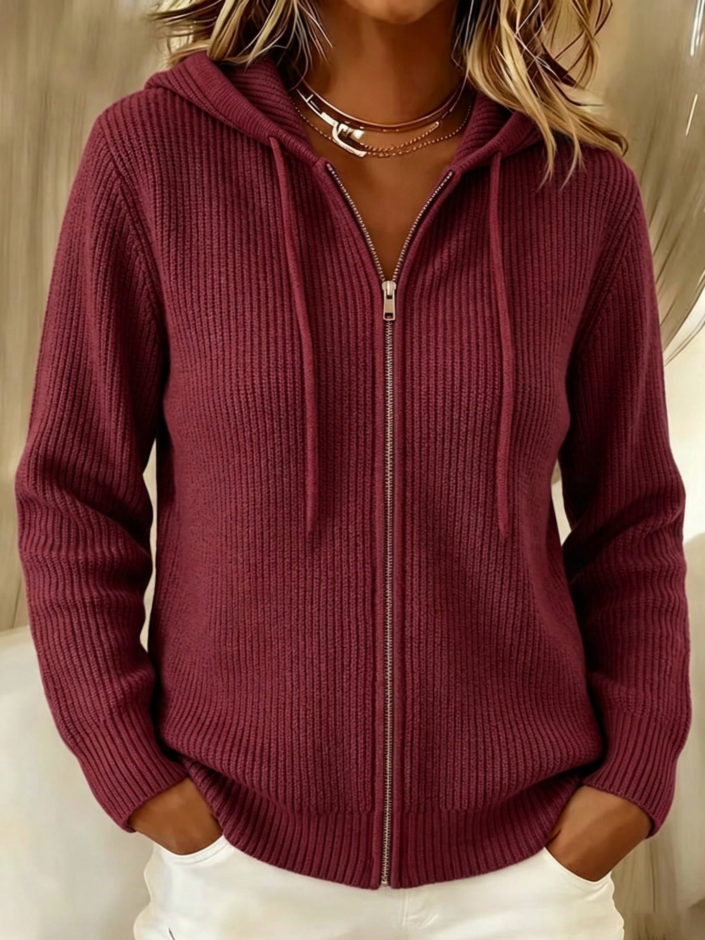 Cosy Ribbed Knit Zip-Up Hoodie Cardigan with Drawstring Hood