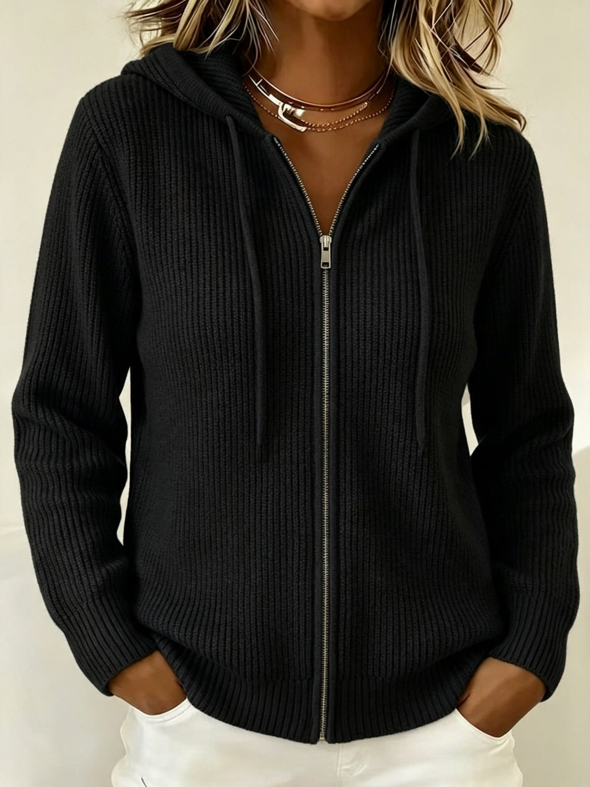 Cosy Ribbed Knit Zip-Up Hoodie Cardigan with Drawstring Hood