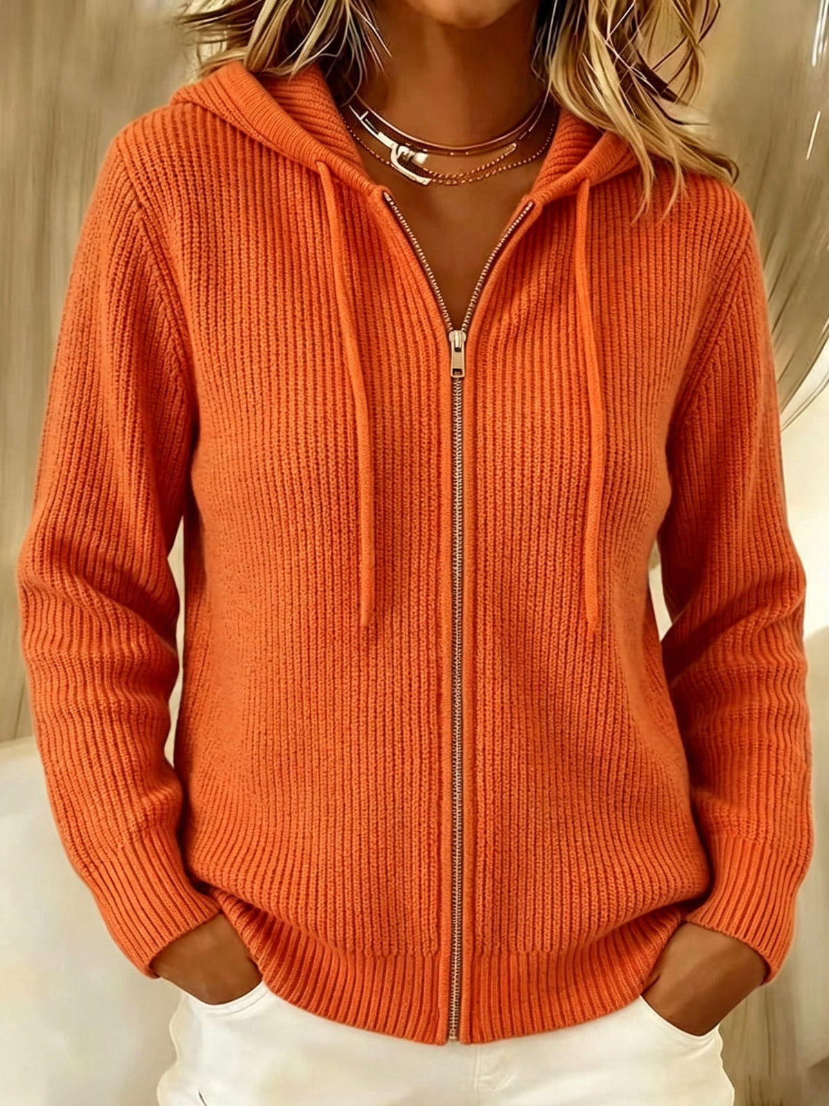 Cosy Ribbed Knit Zip-Up Hoodie Cardigan with Drawstring Hood