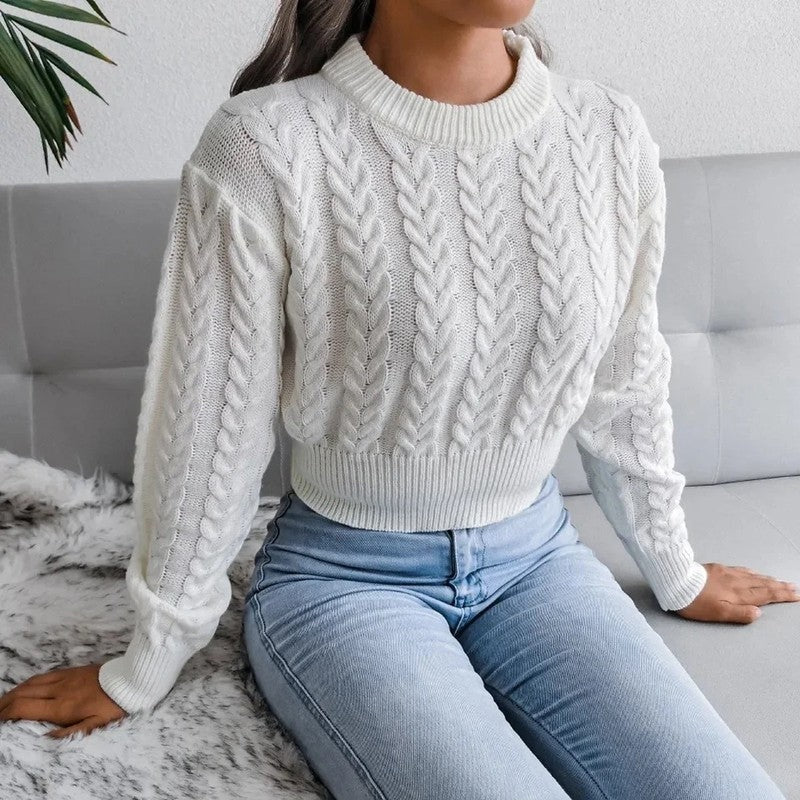Cropped Cable Knit Sweater with Puff Sleeves and Ribbed Hem