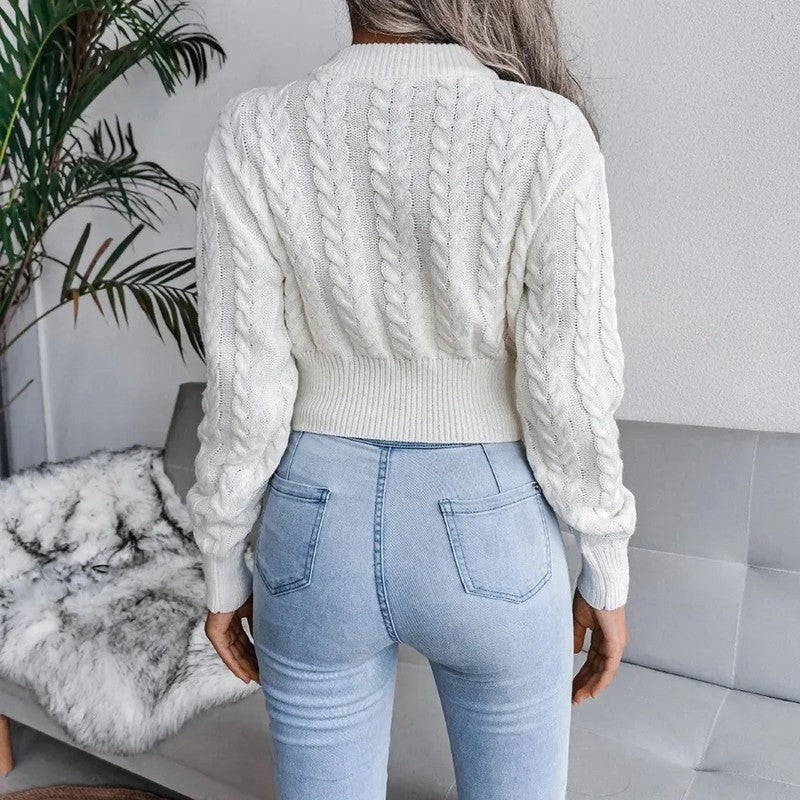 Cropped Cable Knit Sweater with Puff Sleeves and Ribbed Hem