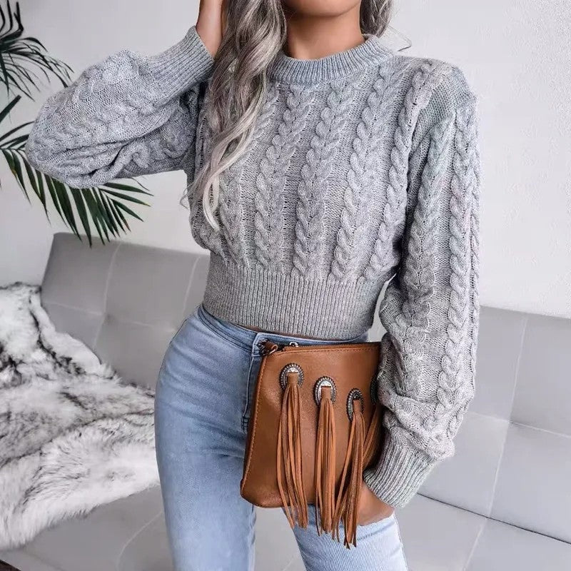 Cropped Cable Knit Sweater with Puff Sleeves and Ribbed Hem