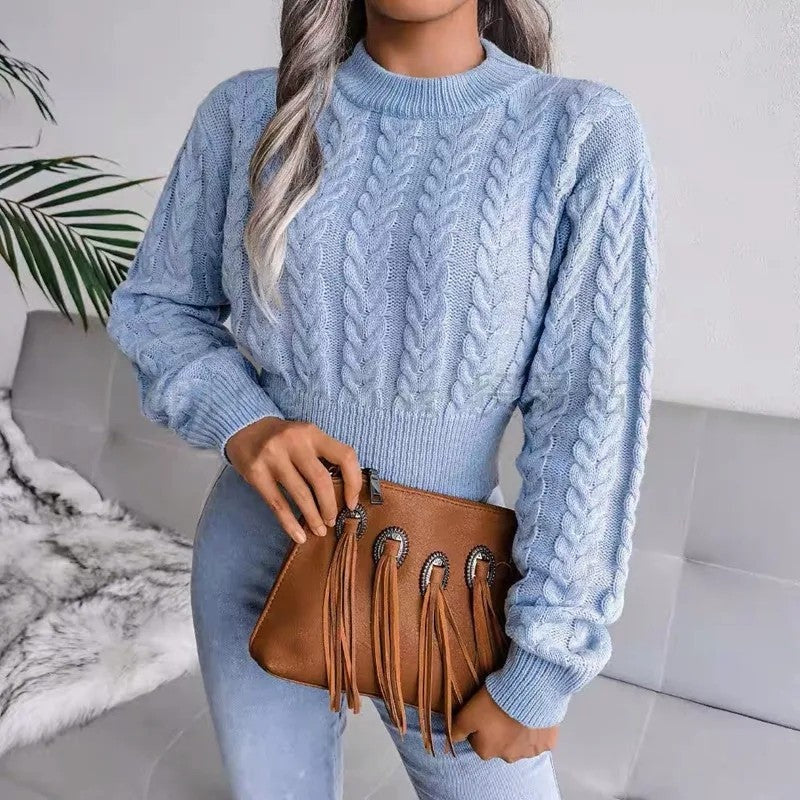 Cropped Cable Knit Sweater with Puff Sleeves and Ribbed Hem