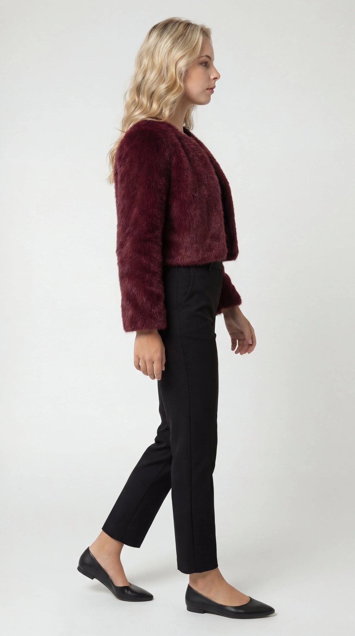 Cropped Fur Jacket with Open Front and Long Sleeves