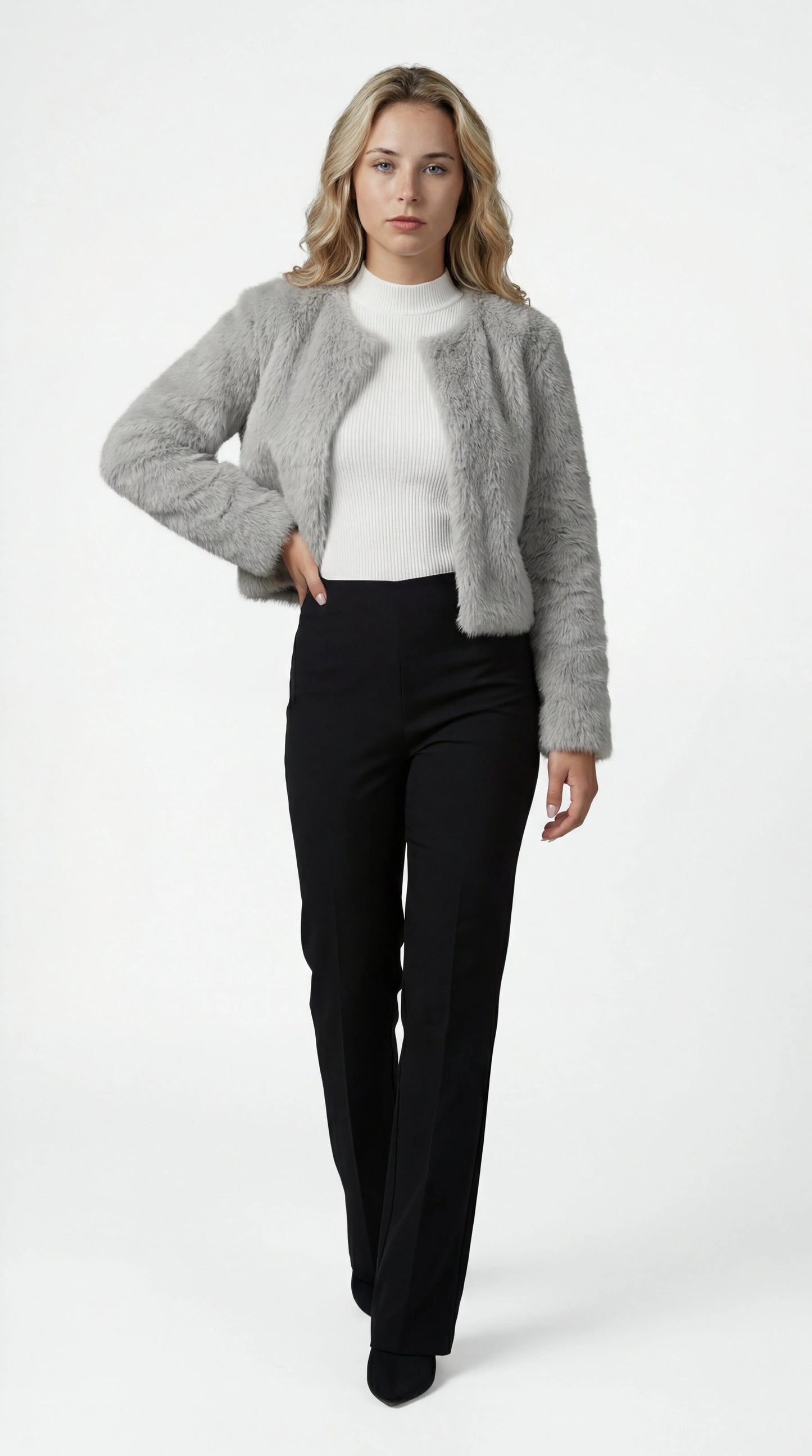 Cropped Fur Jacket with Open Front and Long Sleeves