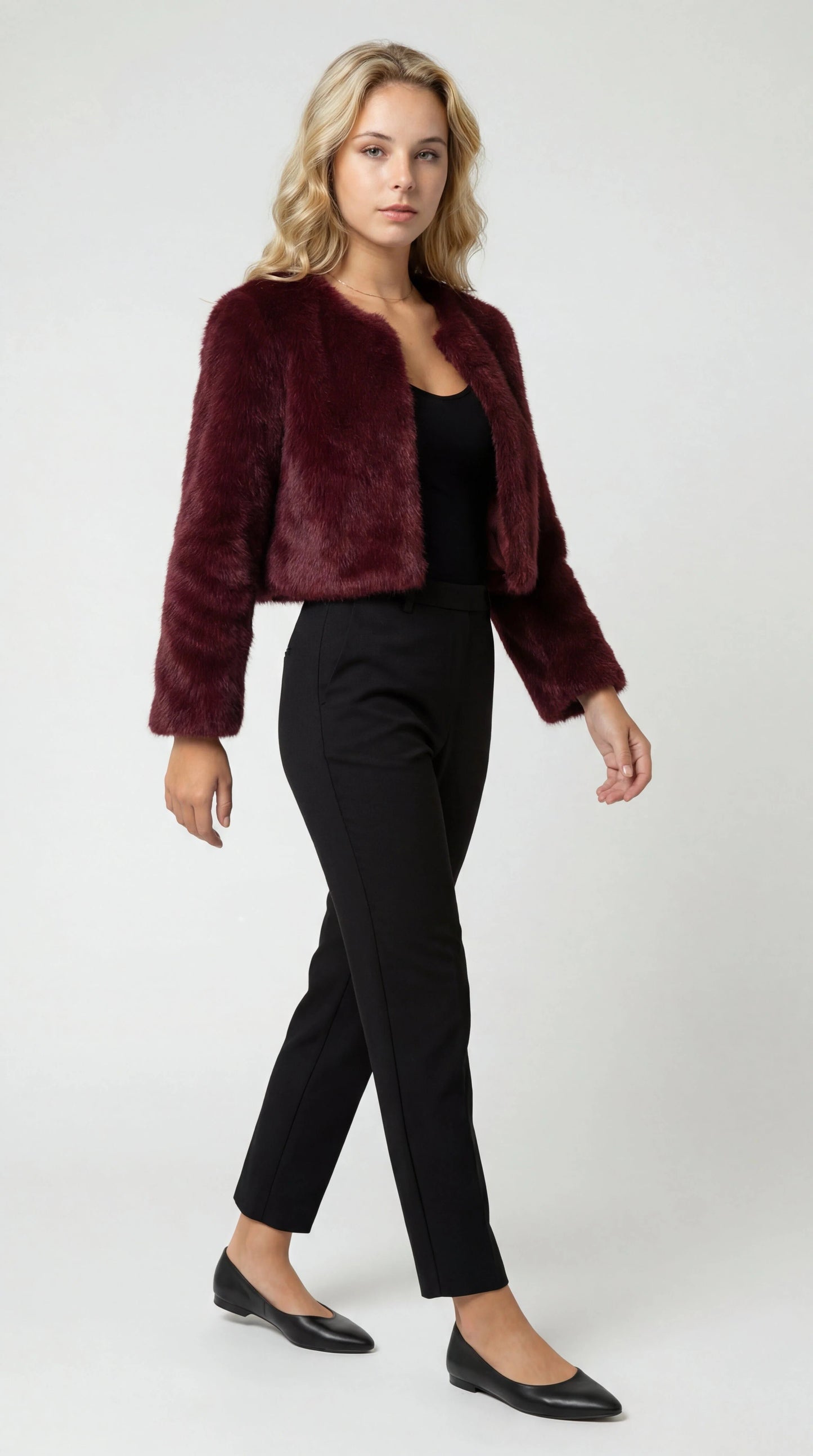 Cropped Fur Jacket with Open Front and Long Sleeves