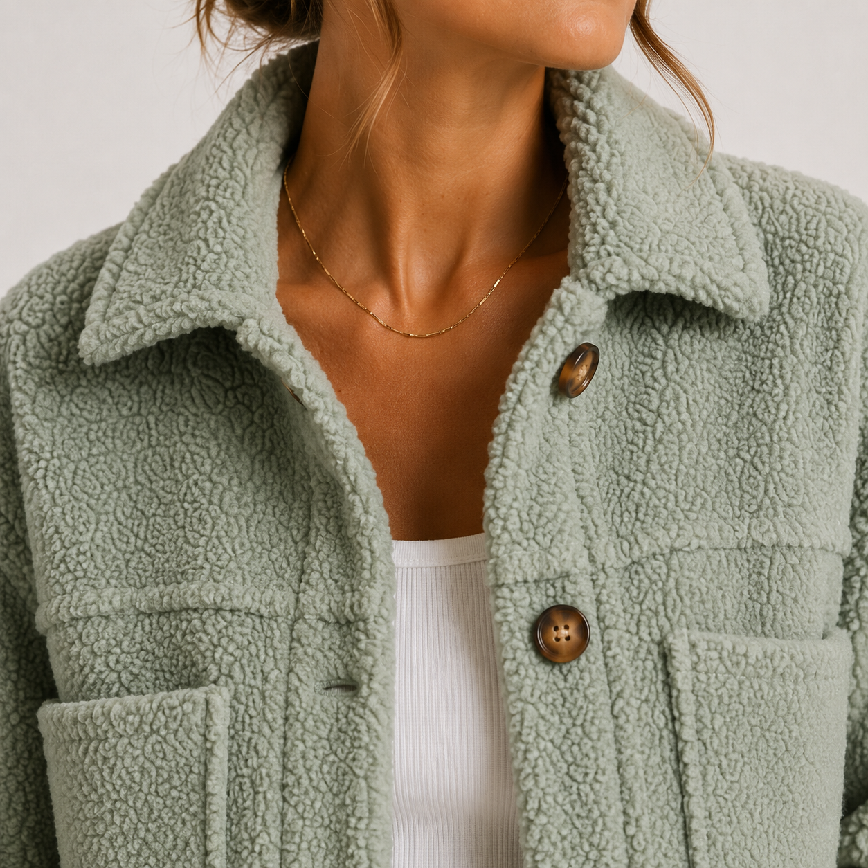 Cropped Sherpa Shacket with Chest Pockets and Teddy Texture