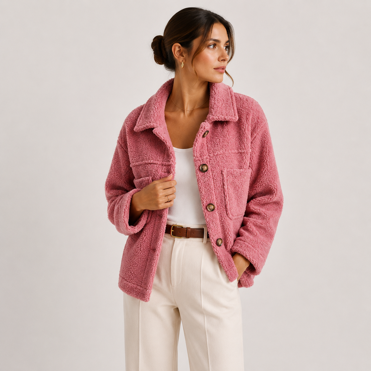 Cropped Sherpa Shacket with Chest Pockets and Teddy Texture