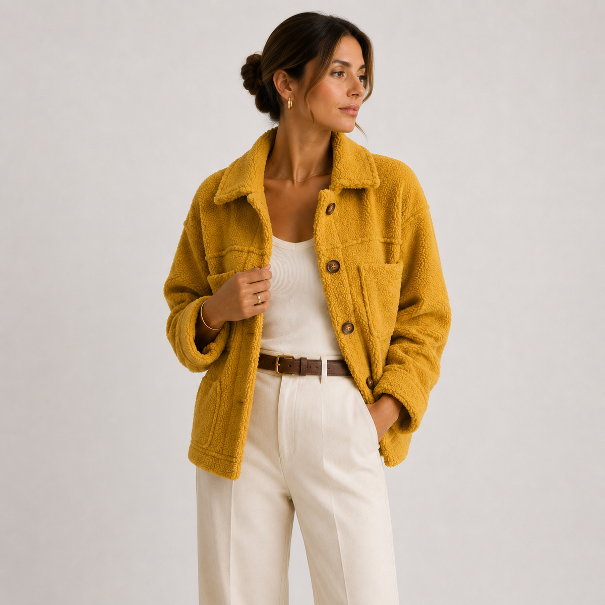 Cropped Sherpa Shacket with Chest Pockets and Teddy Texture