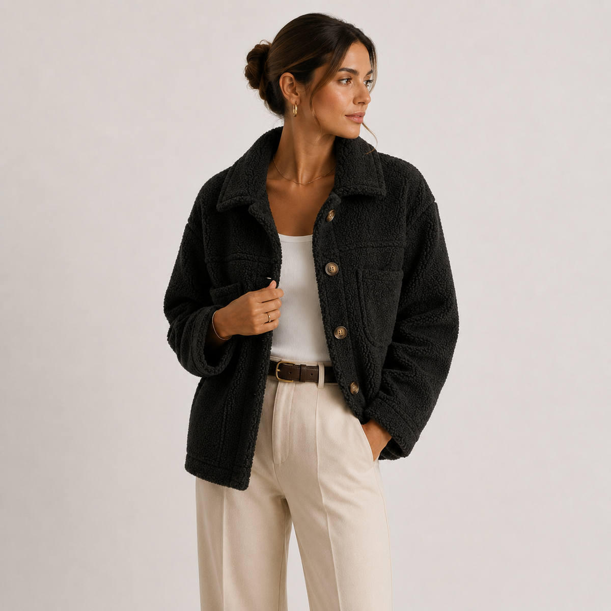 Cropped Sherpa Shacket with Chest Pockets and Teddy Texture
