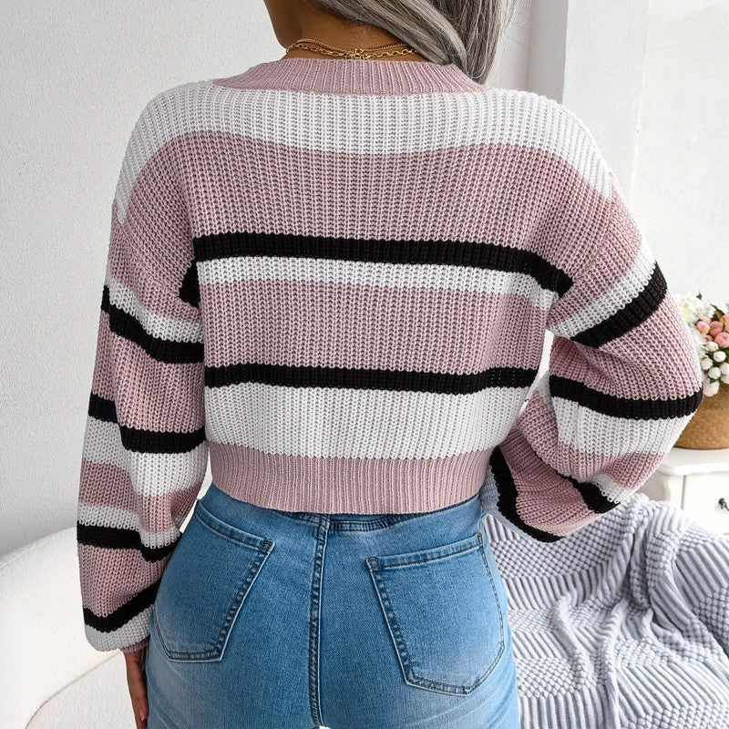 Cropped Striped Knit Sweater with Colour Block Pattern