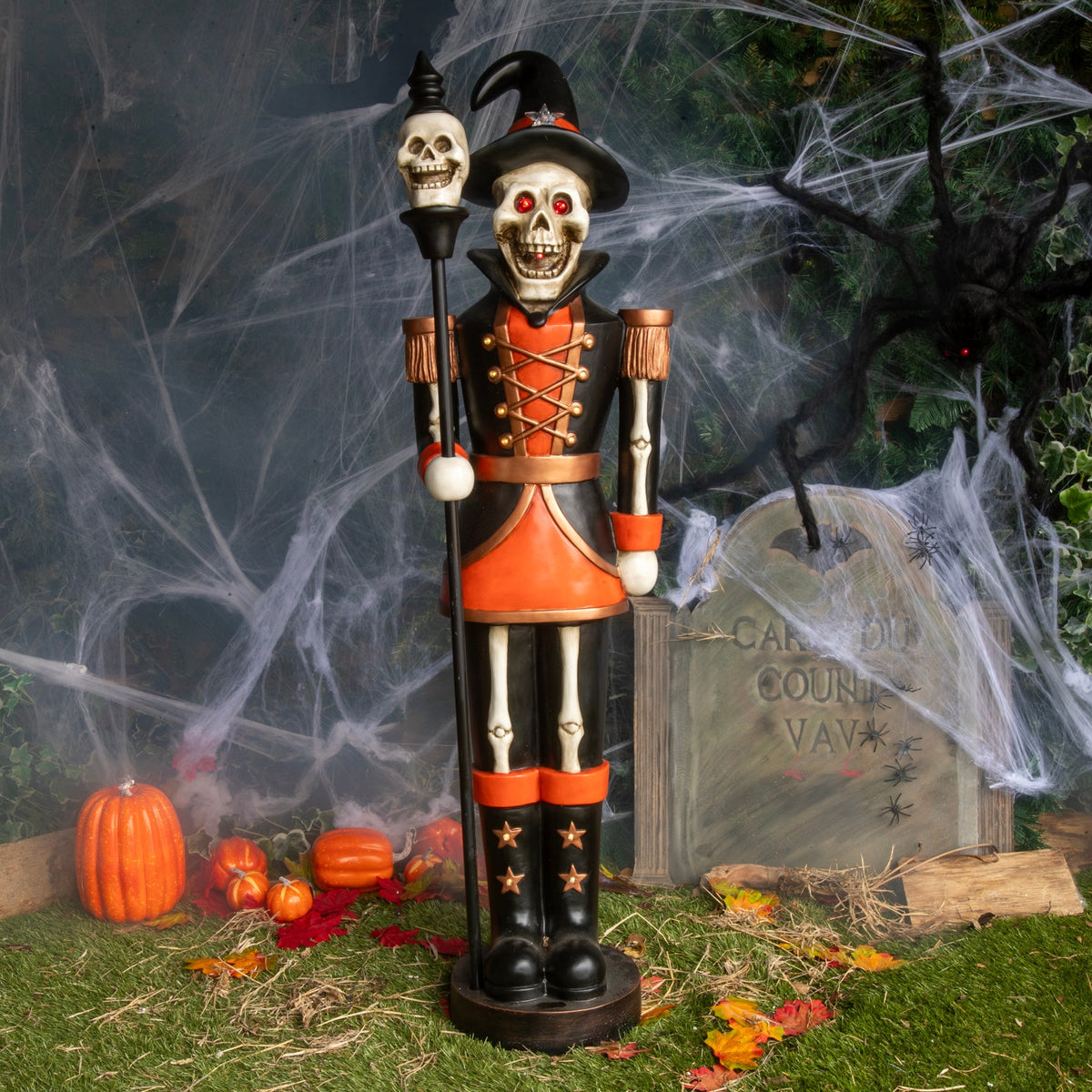 Halloween Skeleton 4ft Nutcracker Orange and Black with Skull Staff and LED Lights