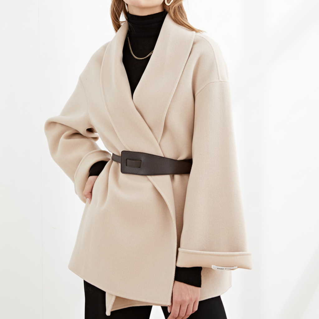 Women's Wrap Coat with Wide Lapel Collar and Tie Belt