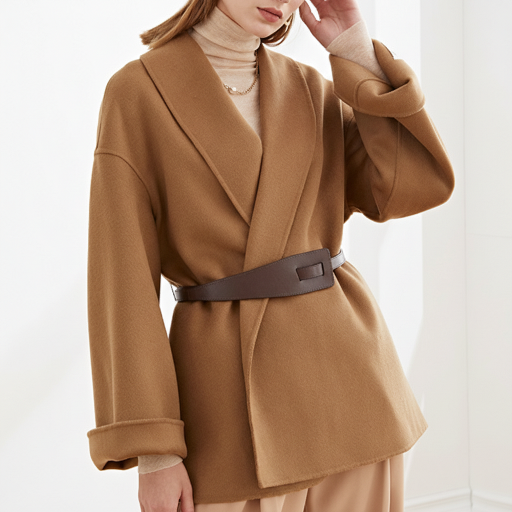 Women's Wrap Coat with Wide Lapel Collar and Tie Belt