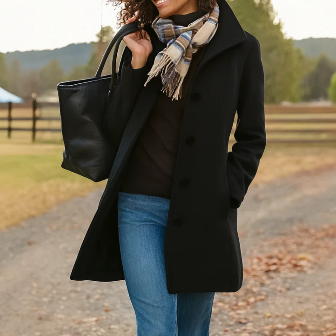 Elegant Mid Length Wool Coat with High Collar