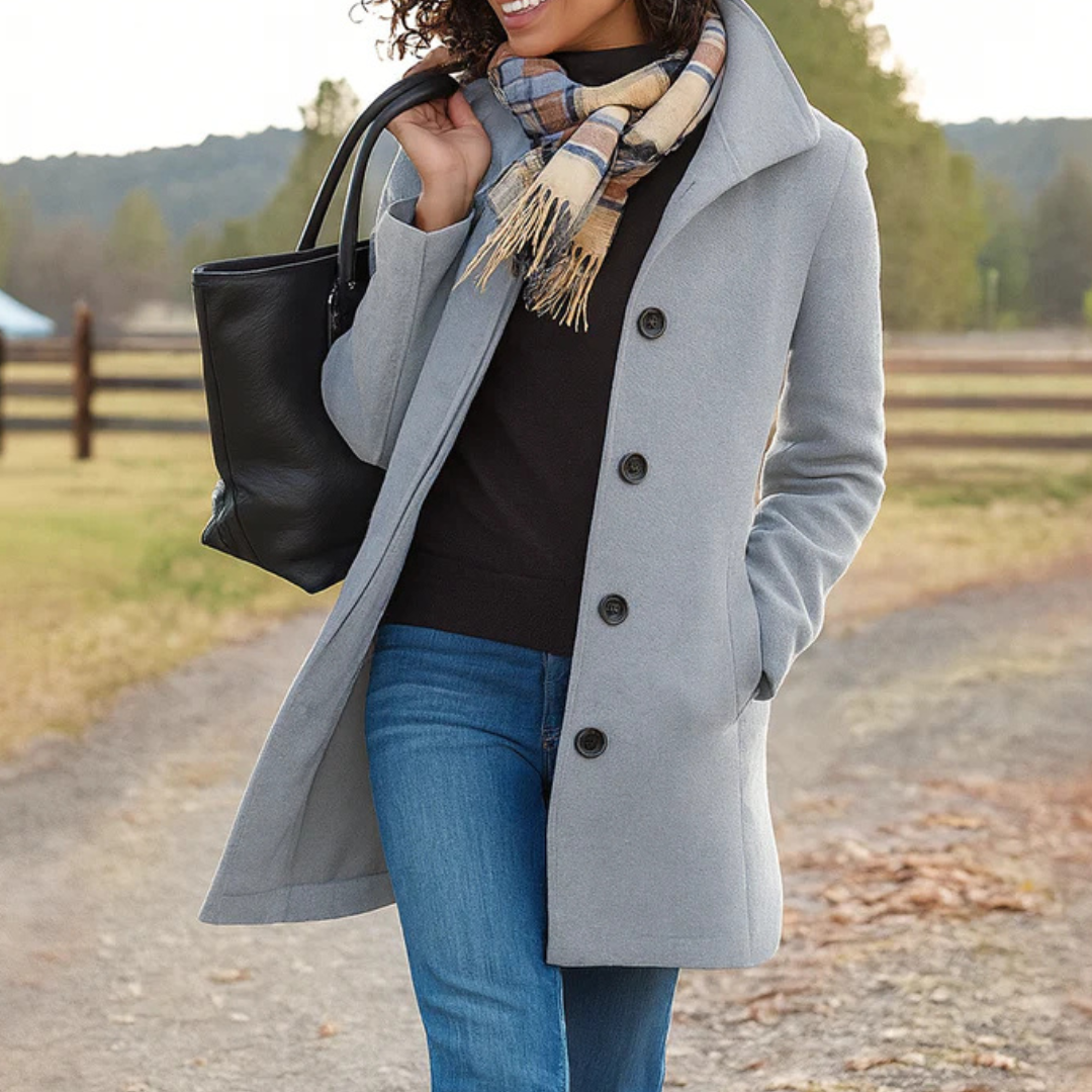 Elegant Mid Length Wool Coat with High Collar